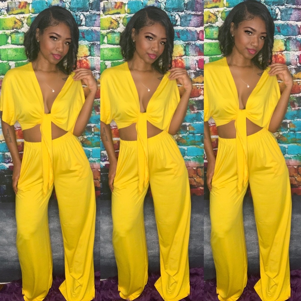 2PC FRONT TIE CROP TOP LOOSE WIDE LEG PANTS SET